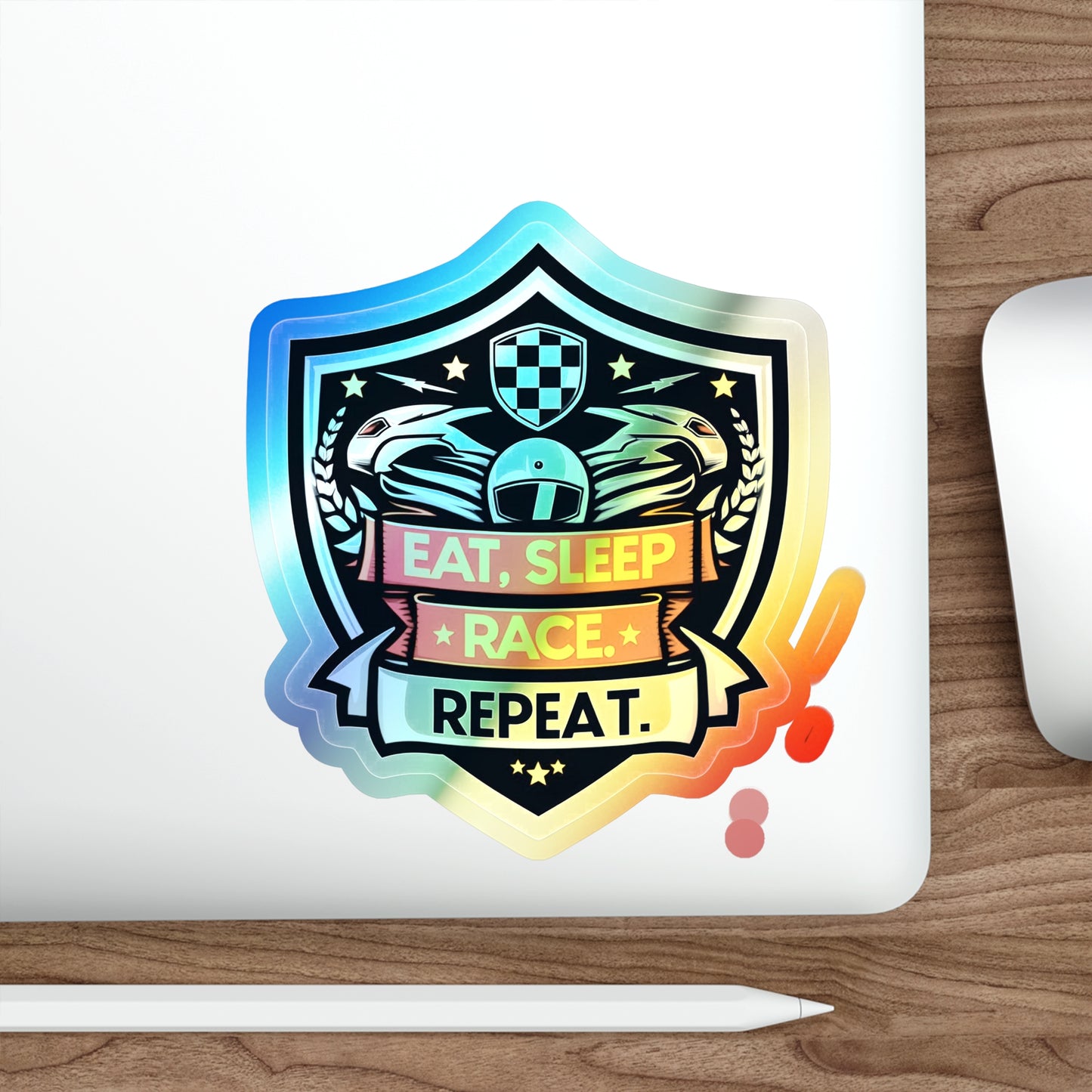 Eat, Sleep, Race, Repeat Holographic Die-cut Stickers