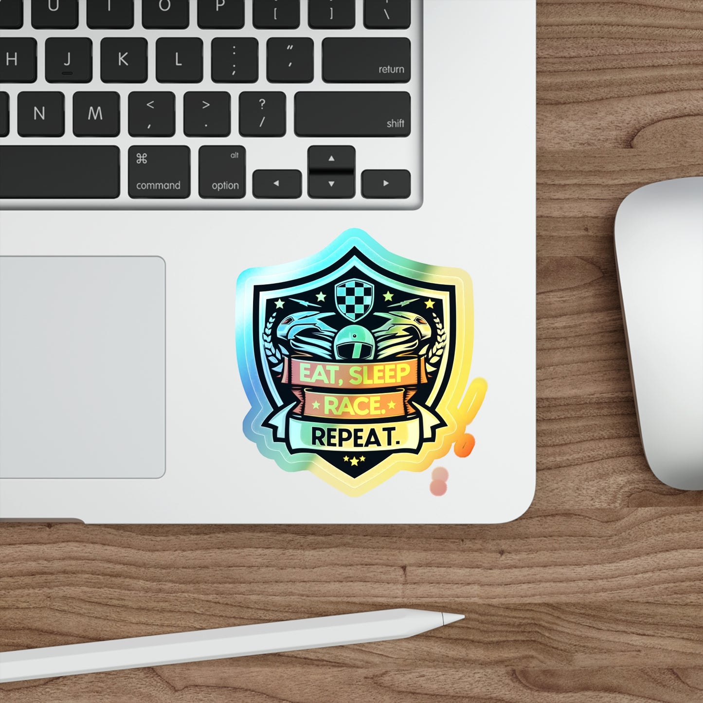 Eat, Sleep, Race, Repeat Holographic Die-cut Stickers