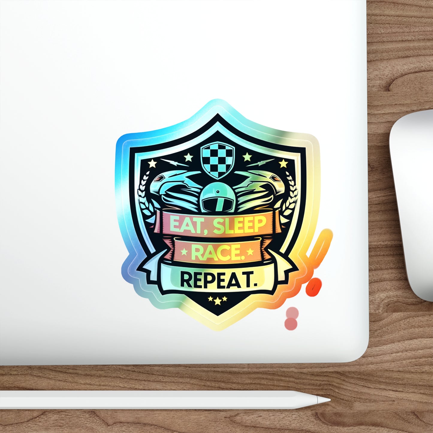 Eat, Sleep, Race, Repeat Holographic Die-cut Stickers