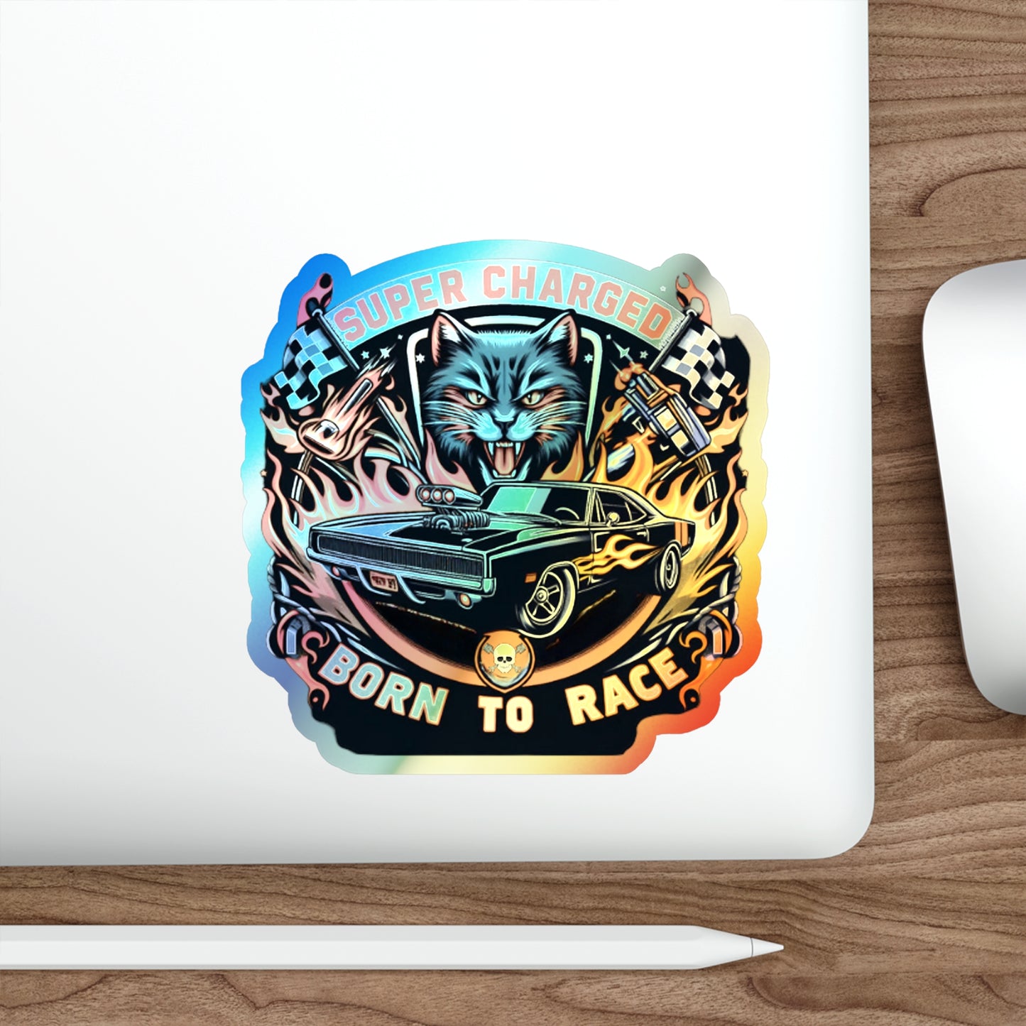 Supercharged Born To Race Holographic Die-cut Stickers for Mechanics and Racers