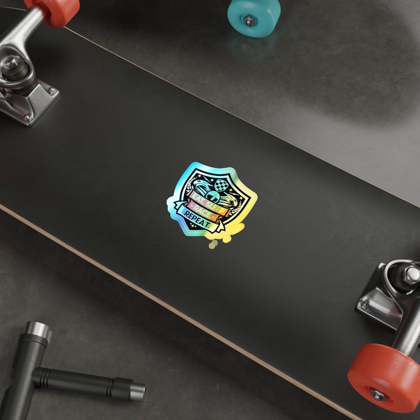 Eat, Sleep, Race, Repeat Holographic Die-cut Stickers