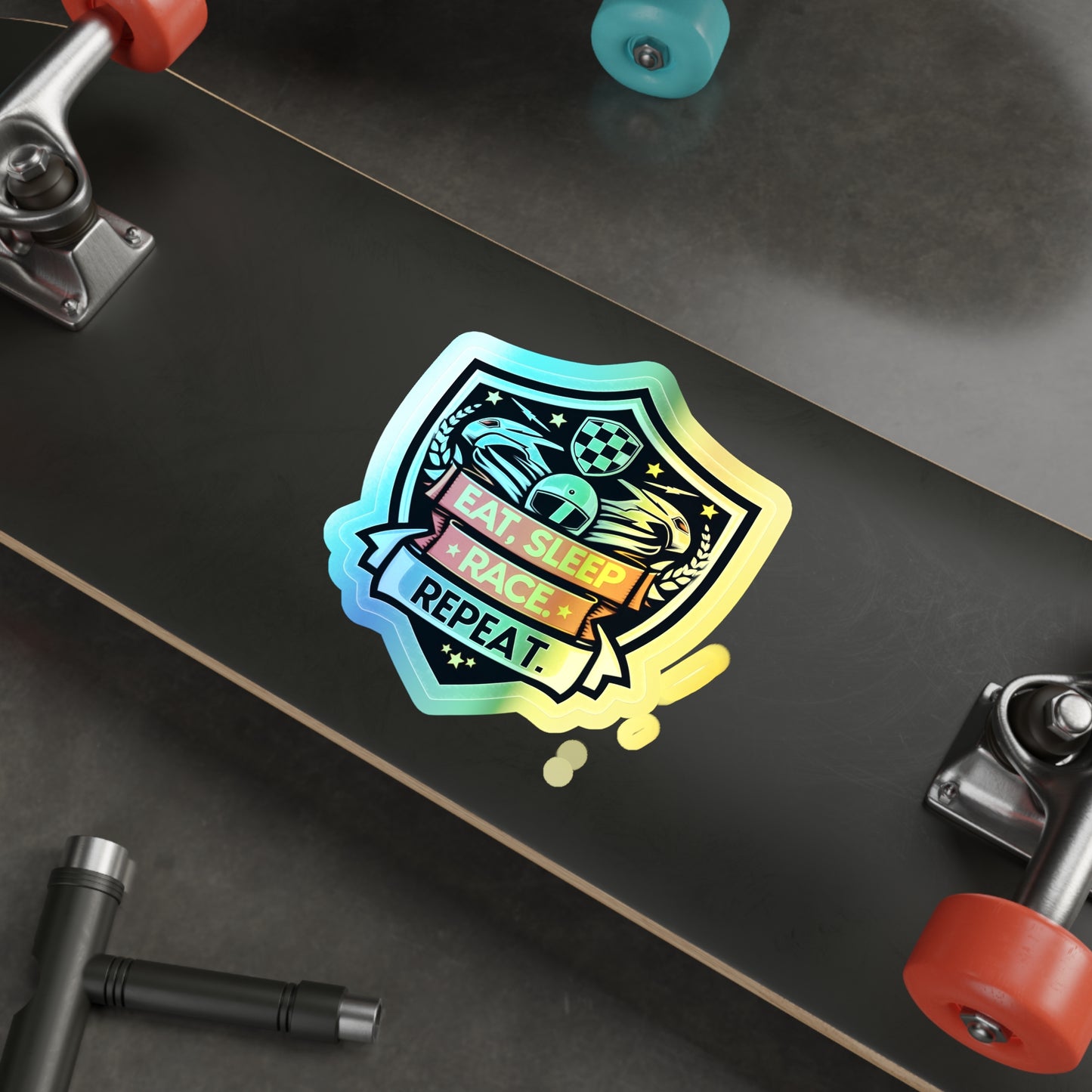 Eat, Sleep, Race, Repeat Holographic Die-cut Stickers