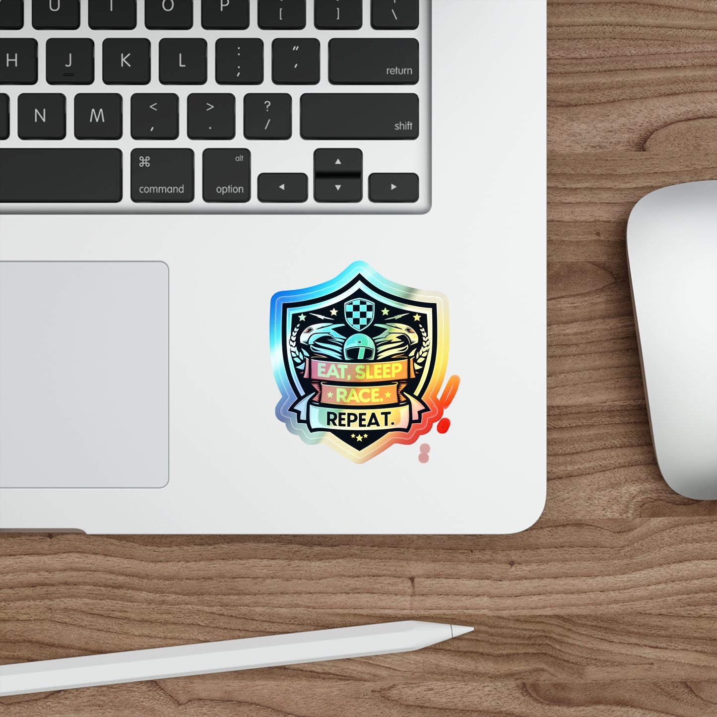 Eat, Sleep, Race, Repeat Holographic Die-cut Stickers