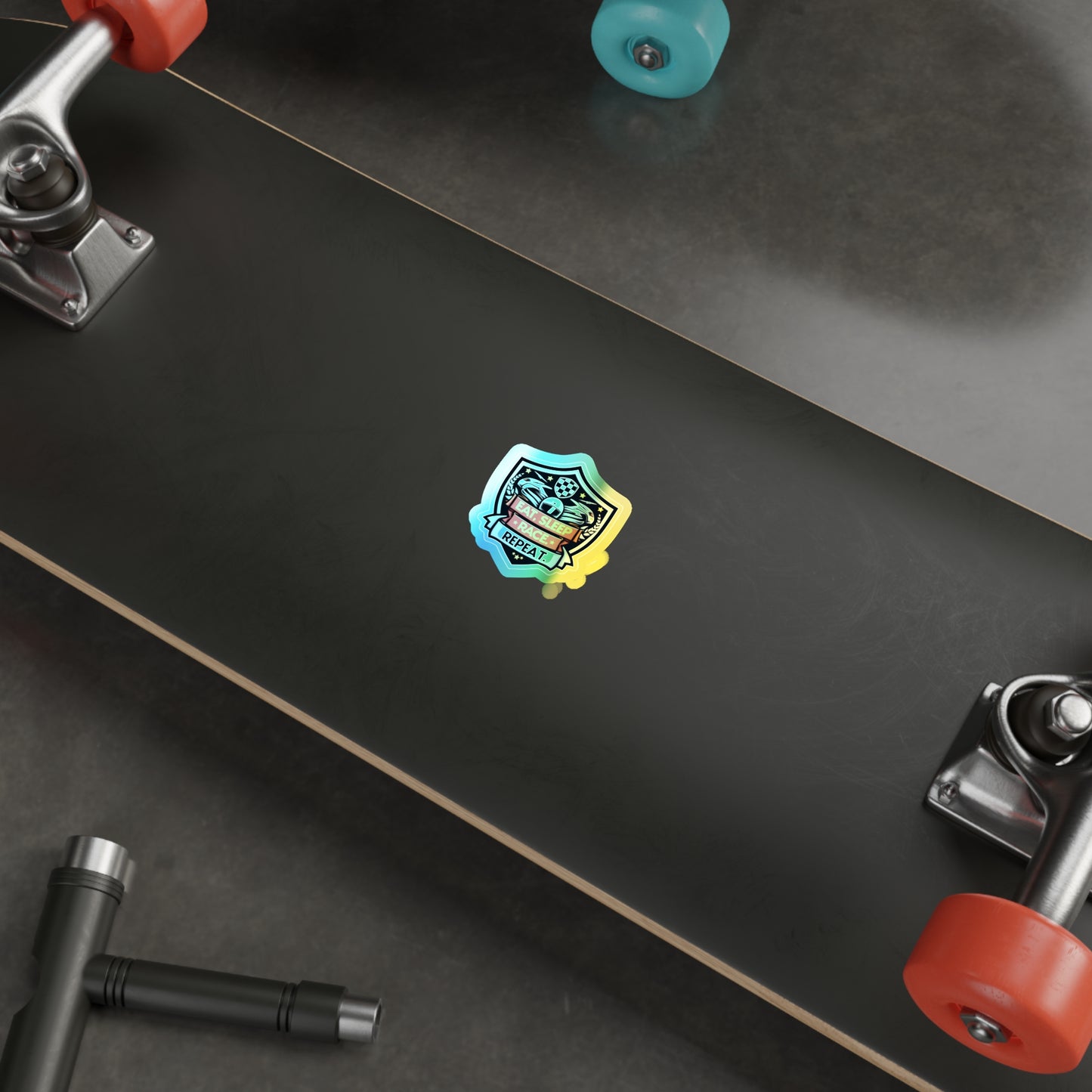 Eat, Sleep, Race, Repeat Holographic Die-cut Stickers