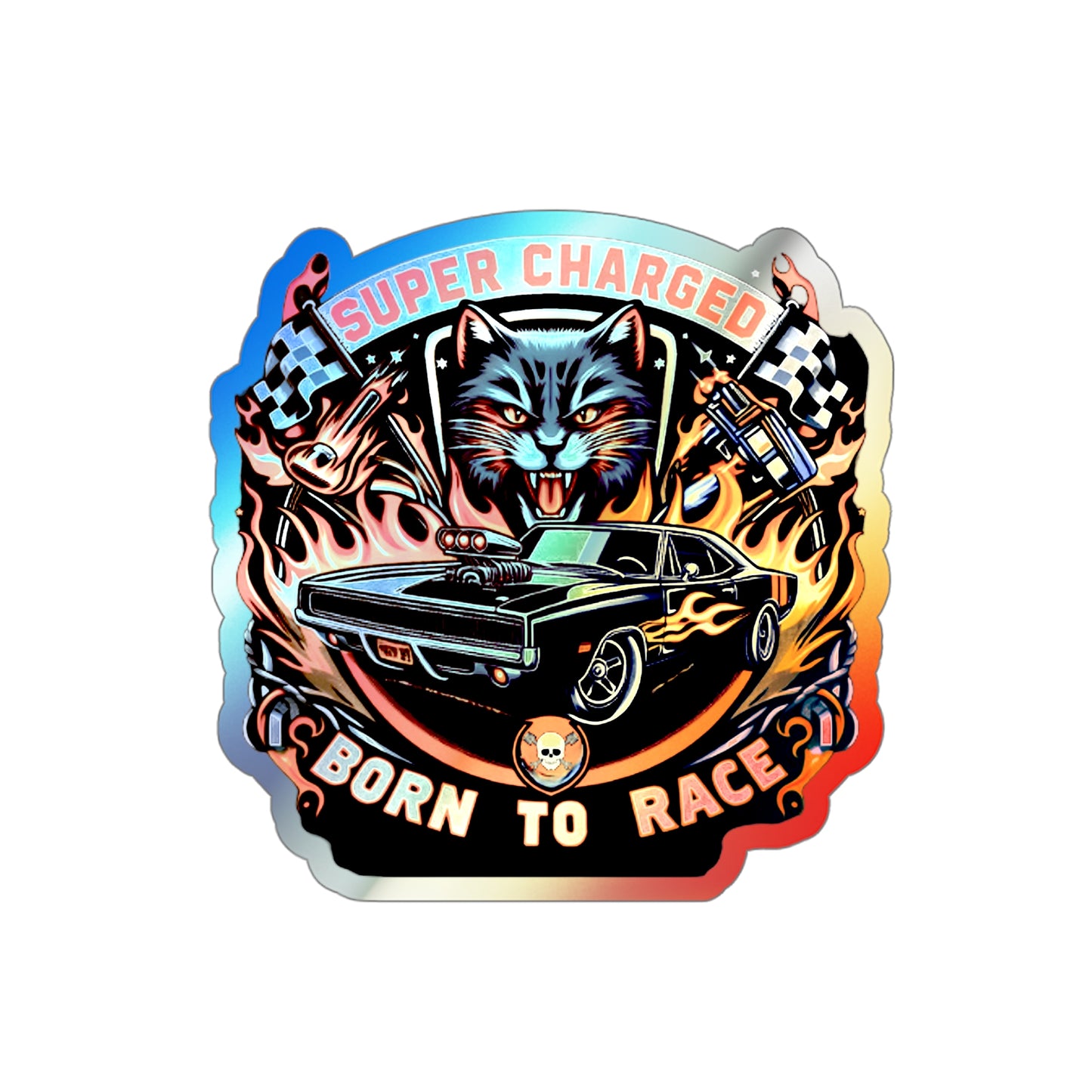 Supercharged Born To Race Holographic Die-cut Stickers for Mechanics and Racers