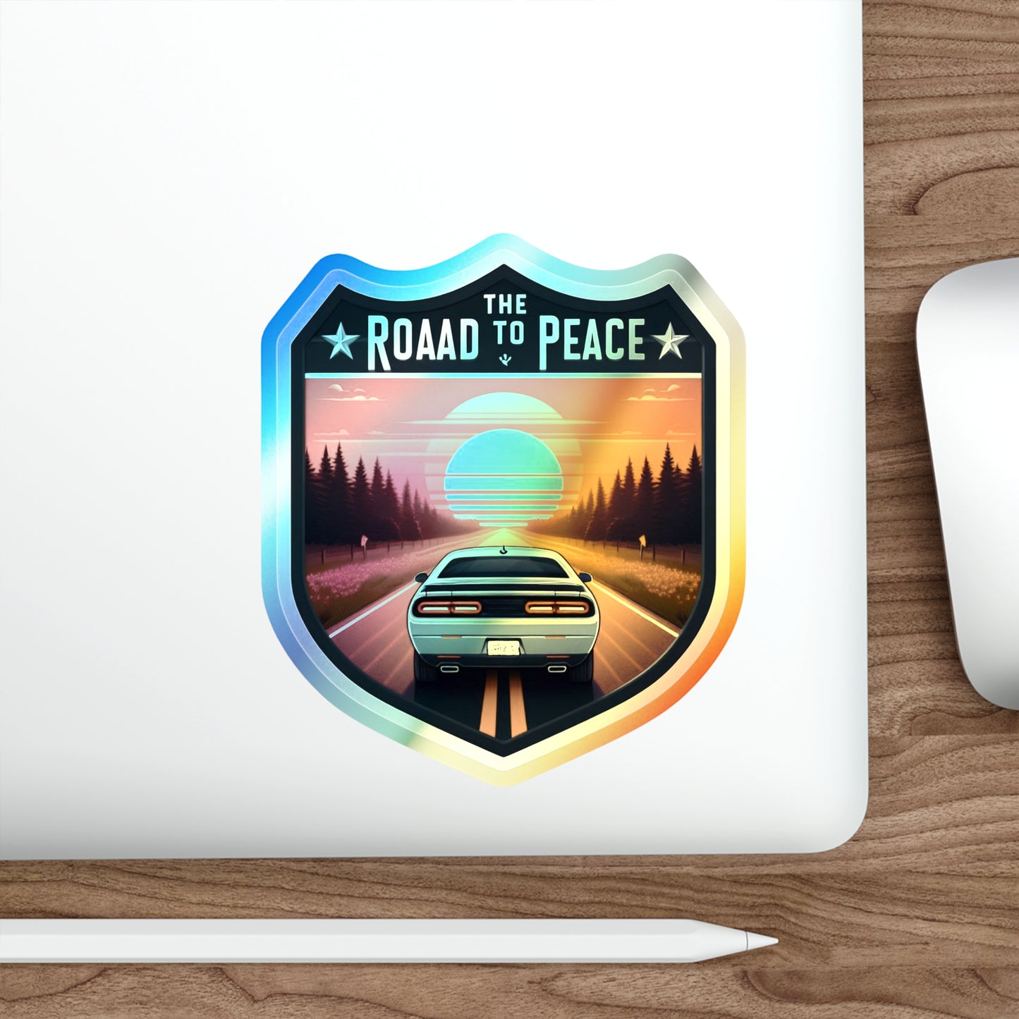 Roaad to Peace, Holographic Die-cut Stickers for Travelers, Hikers, Automotive Fans