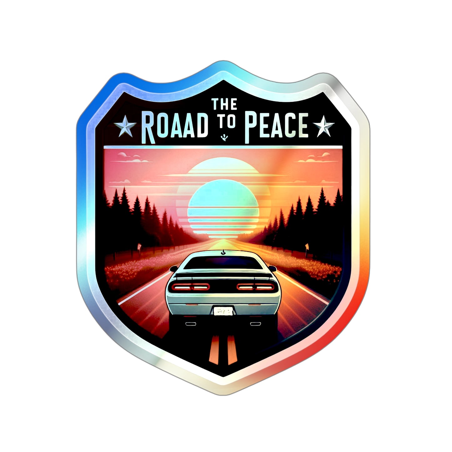 Roaad to Peace, Holographic Die-cut Stickers for Travelers, Hikers, Automotive Fans