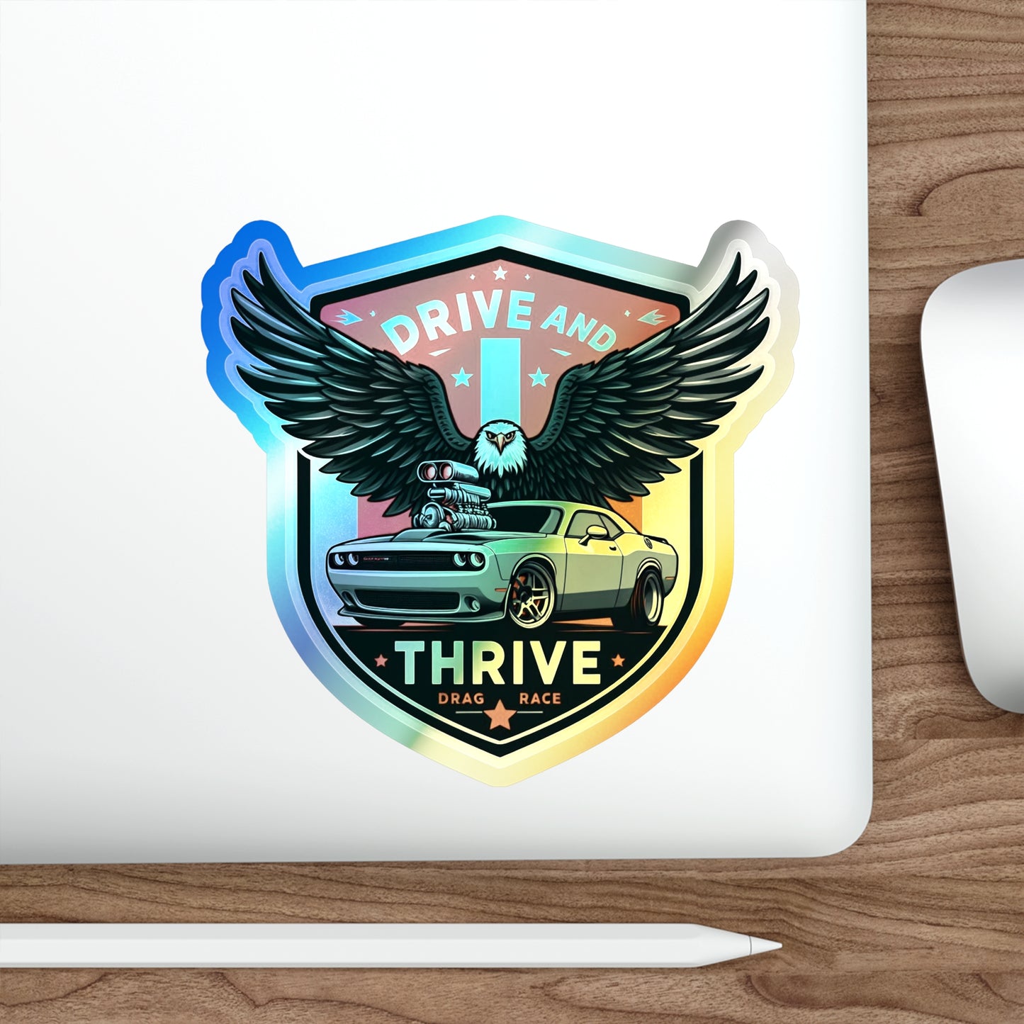 Drive and Thrive Holographic Die-cut Stickers for Travelers and Automotive Fans