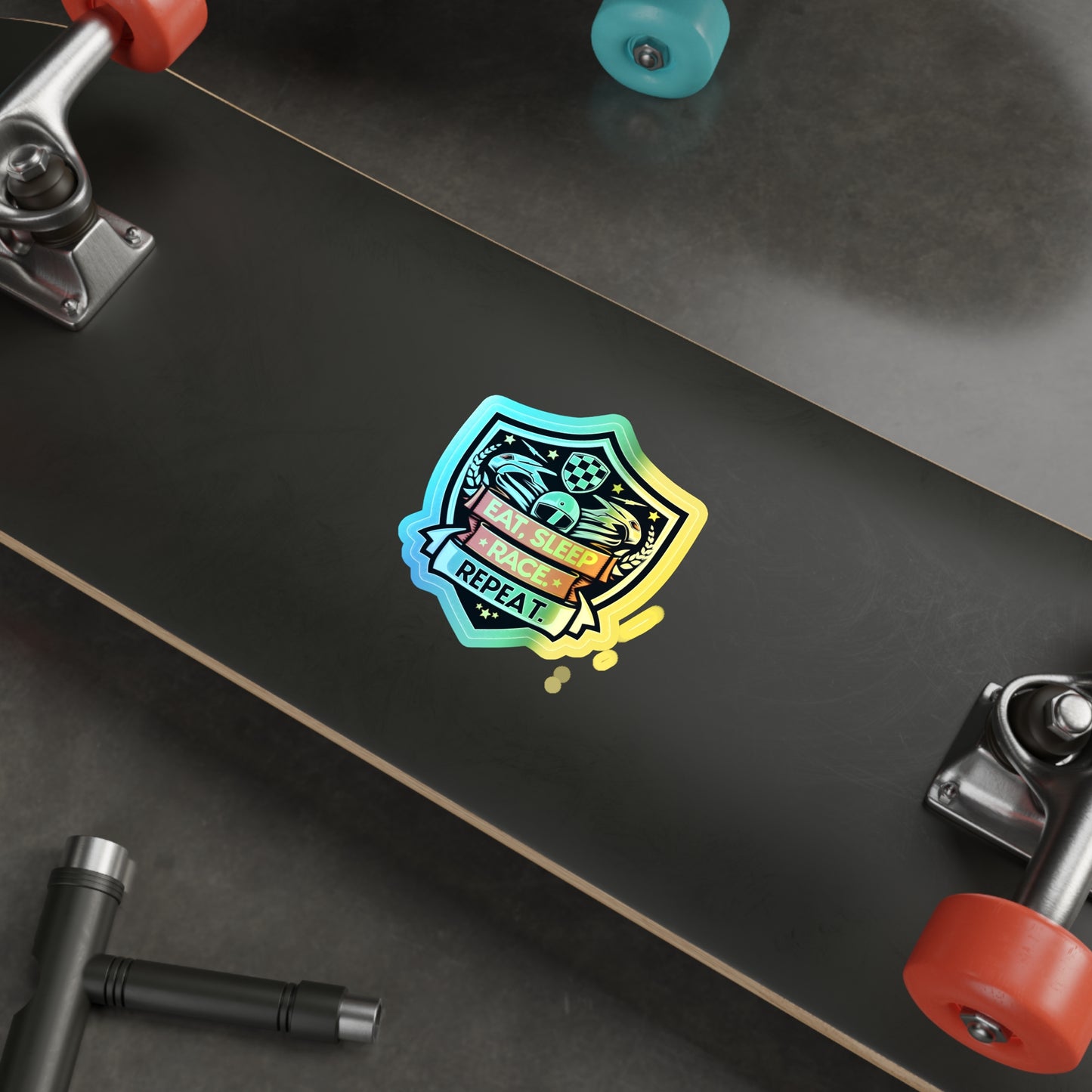 Eat, Sleep, Race, Repeat Holographic Die-cut Stickers