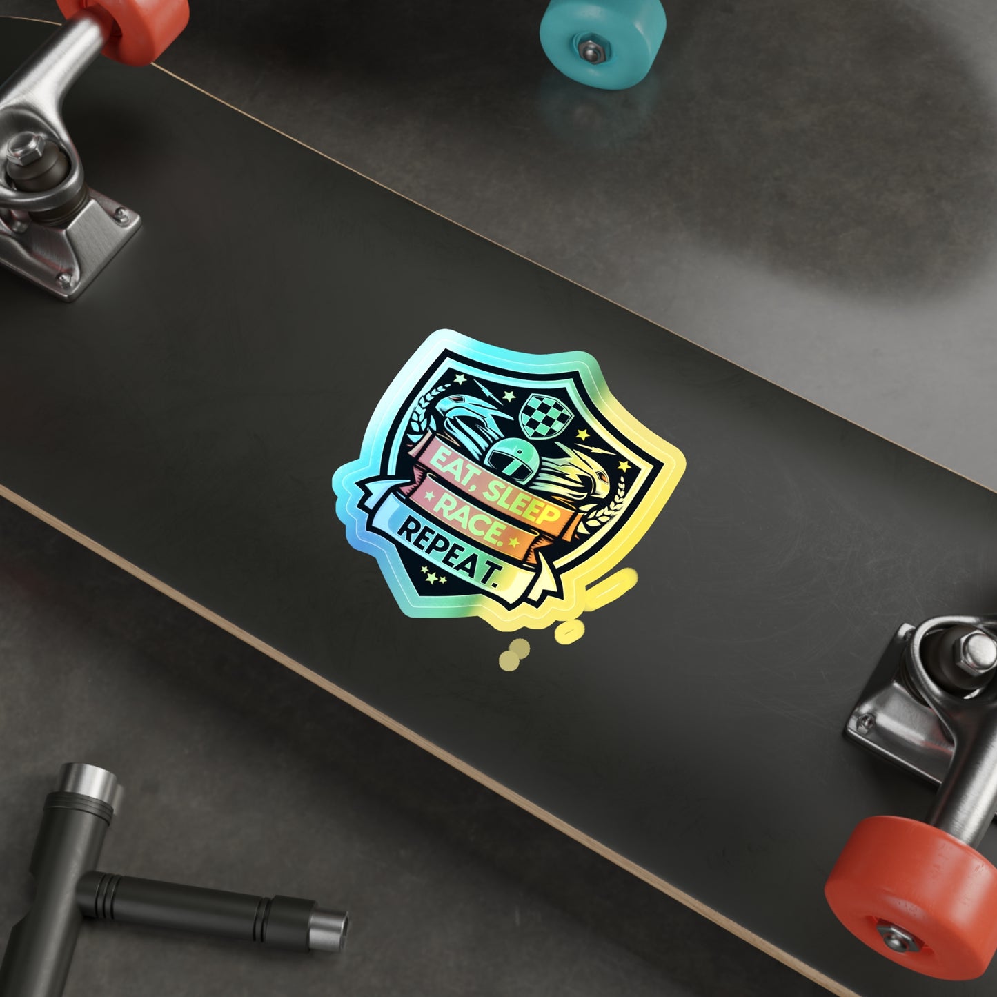 Eat, Sleep, Race, Repeat Holographic Die-cut Stickers