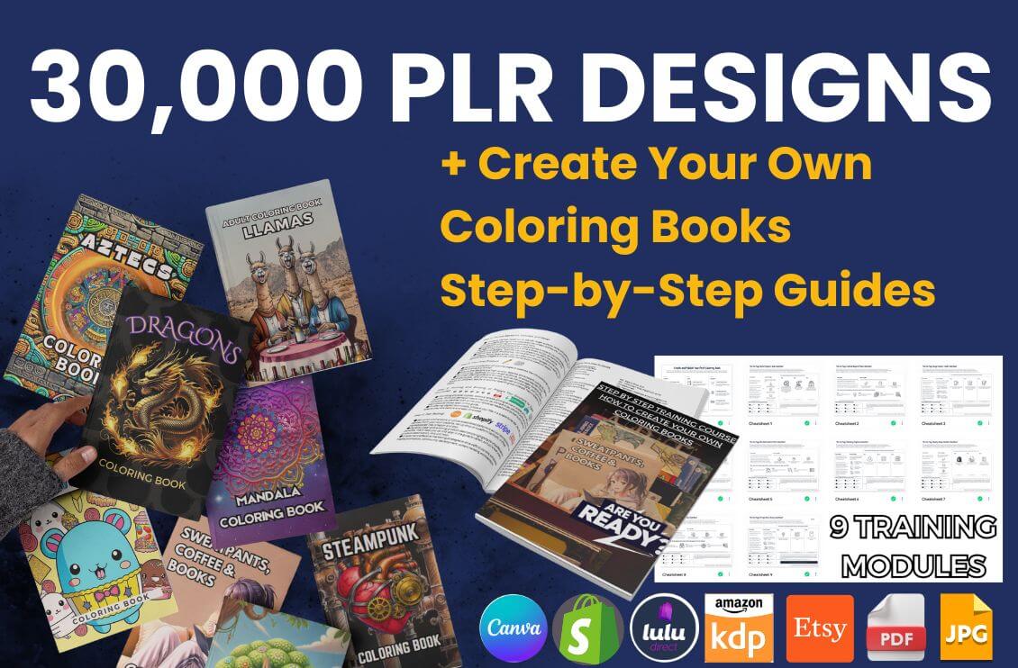 Online Training Course: Create Your Own Coloring Books (create, edit, upload and selfpublish) +30,000 PLR Coloring Designs