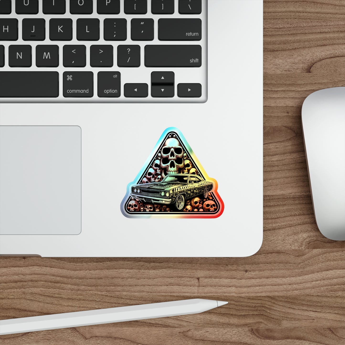 Skulls nad Muscle Car in a Triangle Holographic Die-cut Sticker Design for Car Fans