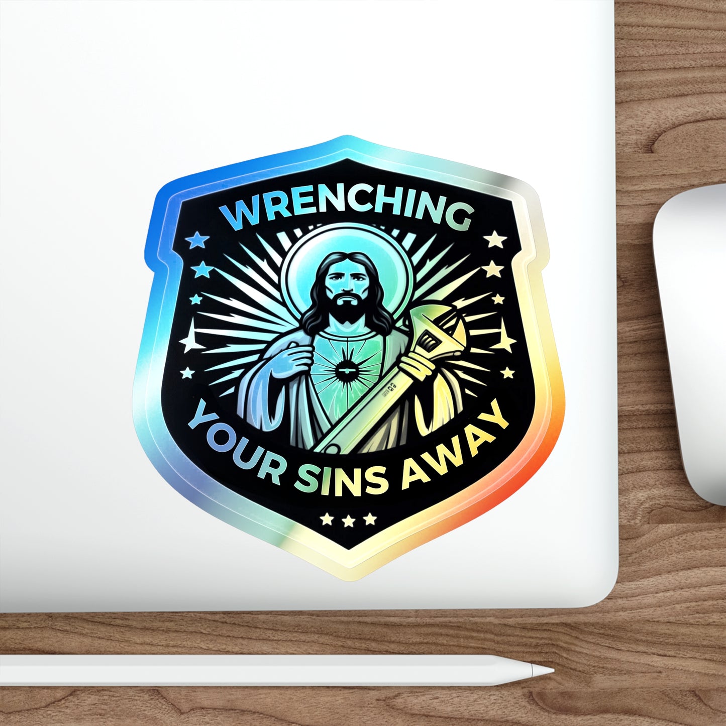 Jesus Wrenching Your Sins Away Holographic Die-cut Stickers for Unbeatable Faith