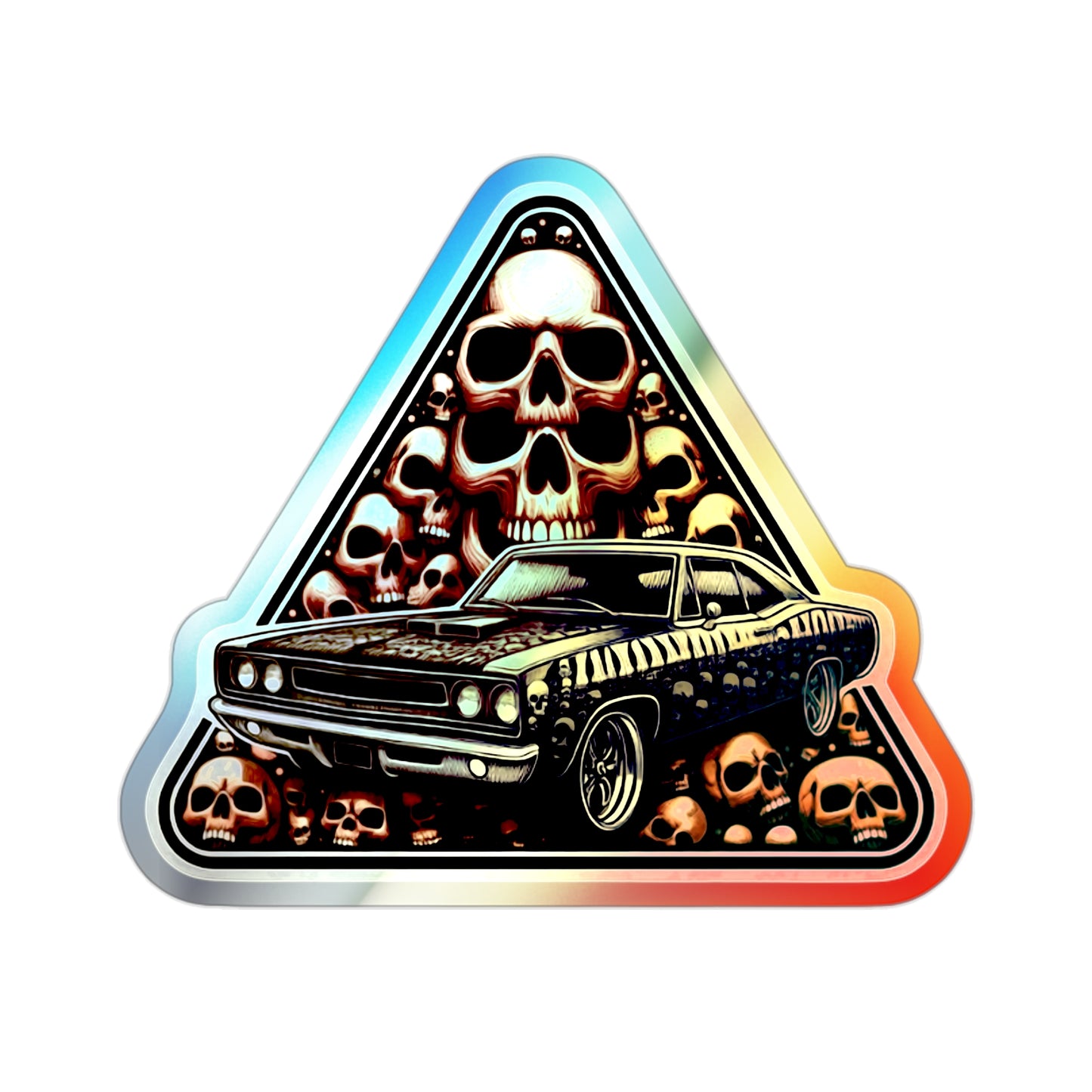 Skulls nad Muscle Car in a Triangle Holographic Die-cut Sticker Design for Car Fans