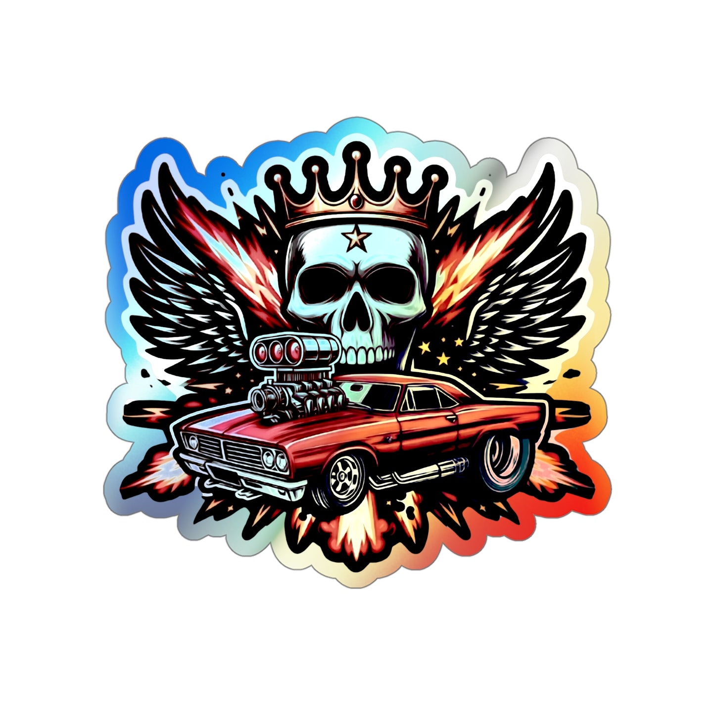 Skull and Muscle Car Holographic Die-cut Stickers Mechanic Sticker