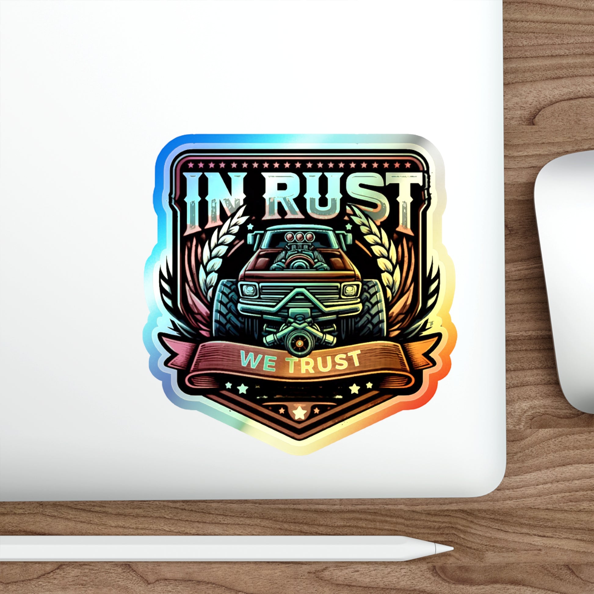 In Rust We Trust Holographic Die-cut Stickers for Gearheads and Mechanics - Gleznukalns Creative