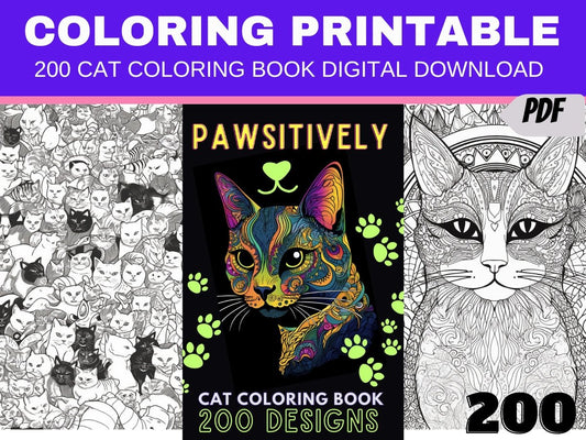 200 Cat Coloring Book Digital Download Pawsitively Cats Coloring Pages Cute cats - Gleznukalns Creative