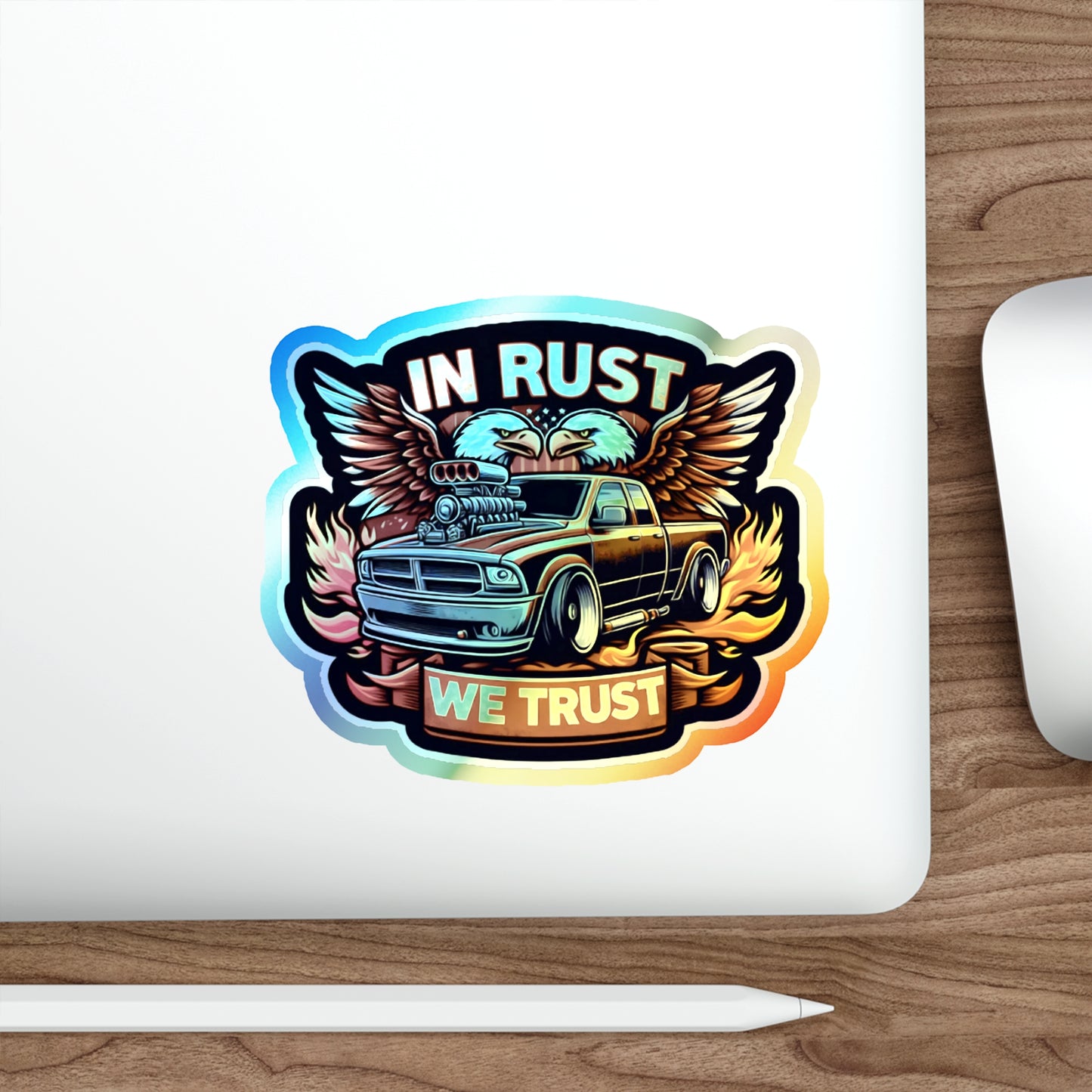 In Rust We Trust Holographic Die-cut Stickers for Car Mechanics and Automotive Fans - Gleznukalns Creative