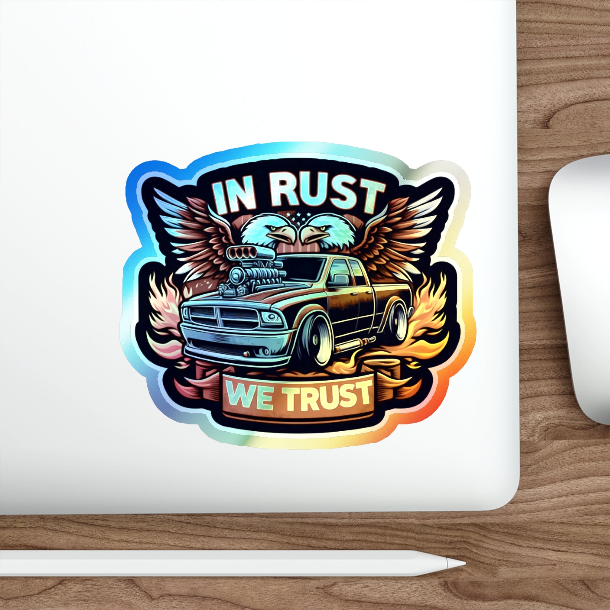 In Rust We Trust Holographic Die-cut Stickers for Car Mechanics and Automotive Fans - Gleznukalns Creative