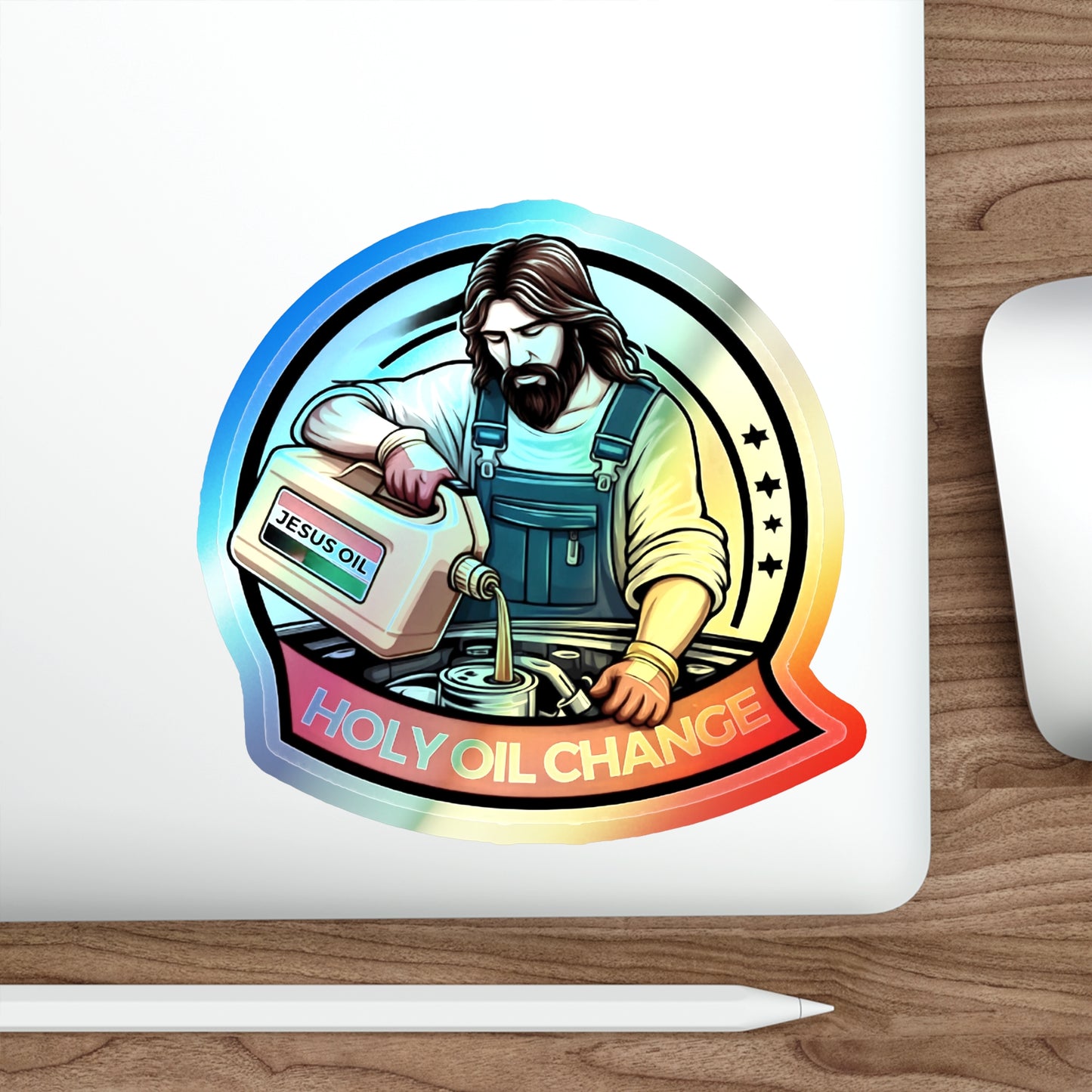 Holographic Die-cut Stickers Jesus Changing Oil, Holy Oil Change, Stickers for Mechanics