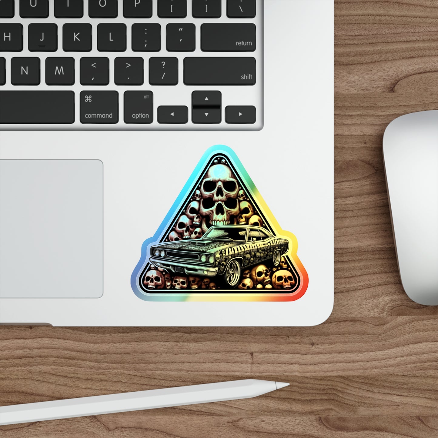 Skulls nad Muscle Car in a Triangle Holographic Die-cut Sticker Design for Car Fans