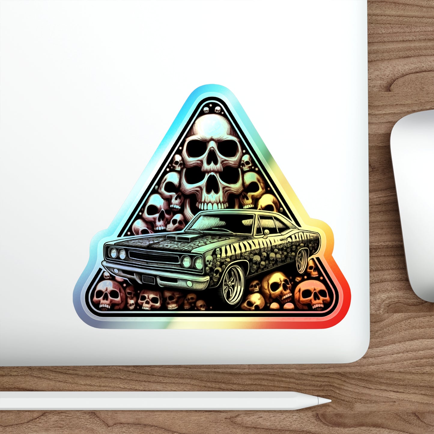 Skulls nad Muscle Car in a Triangle Holographic Die-cut Sticker Design for Car Fans