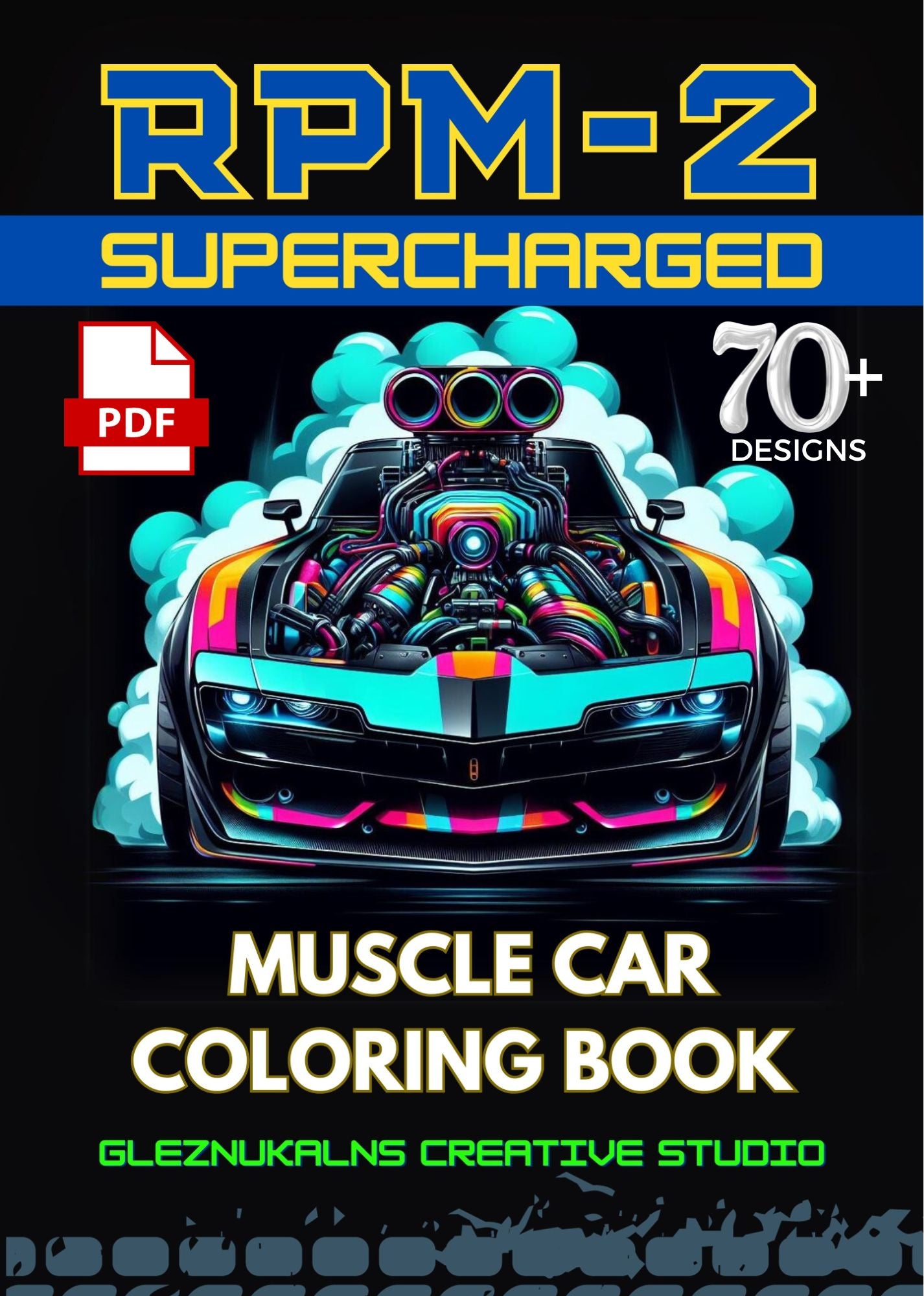 PDF of Supercharged Muscle Car Coloring Book RPM-2 Digital Printable PDF 70+ designs