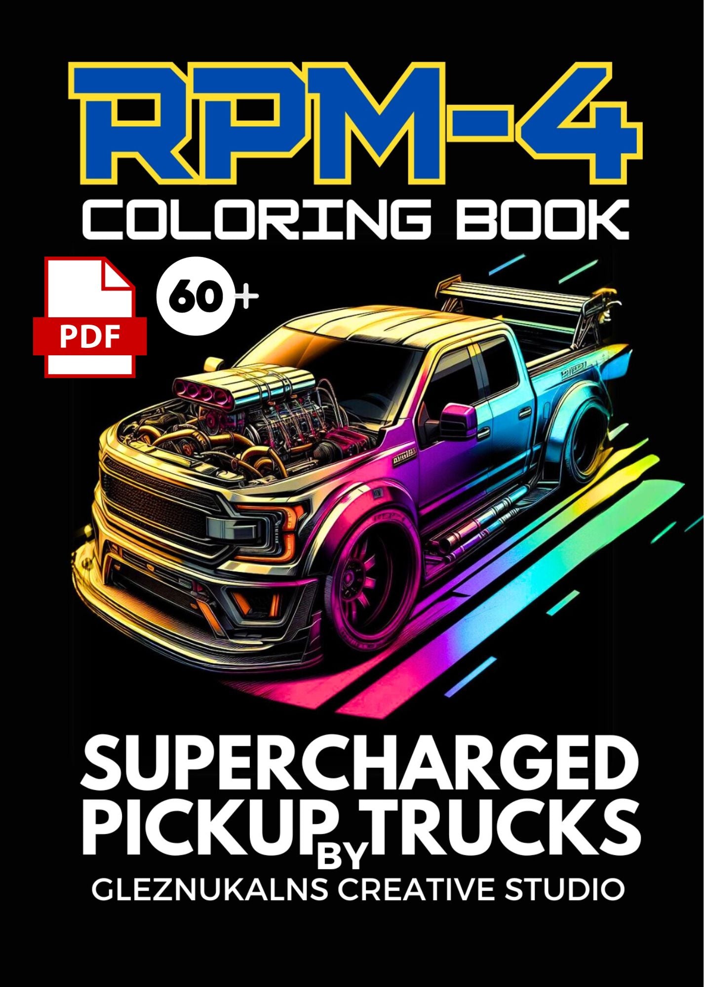 Digital PDF Supercharged Pickup Trucks Coloring Book RPM-4