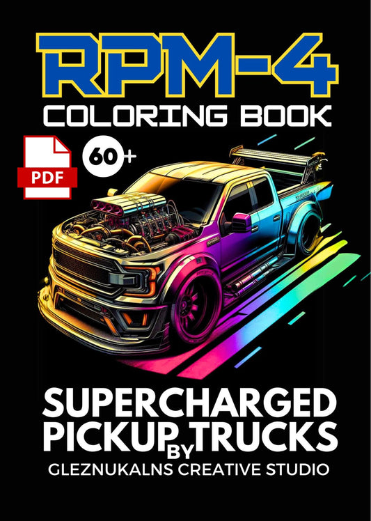 Digital PDF Supercharged Pickup Trucks Coloring Book RPM-4