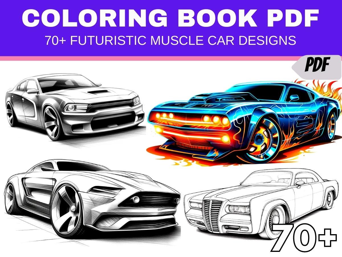 Futuristic Muscle Car Coloring Pages Designs Digital Download Printable Adult Coloring Book PDF - Gleznukalns Creative