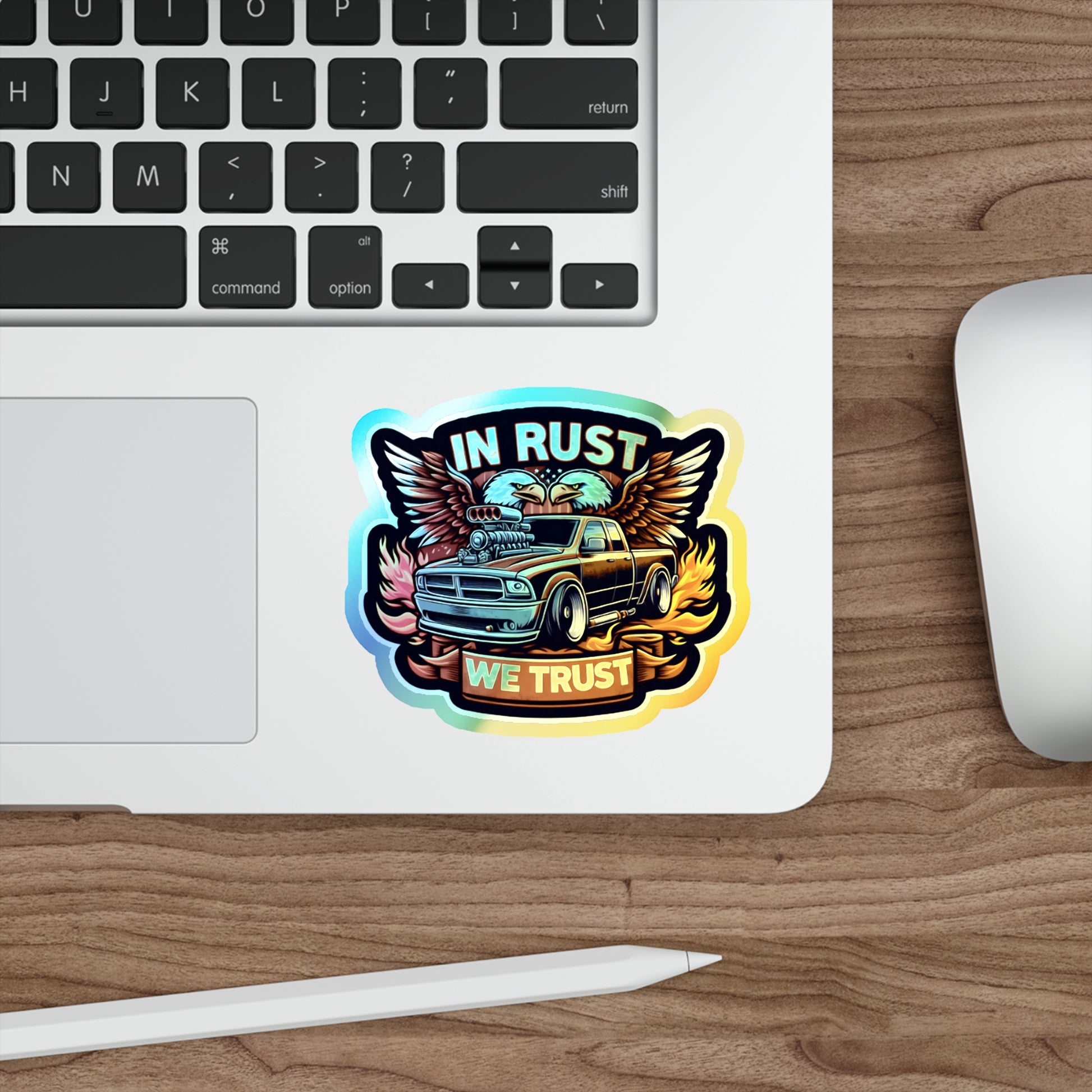 In Rust We Trust Holographic Die-cut Stickers for Car Mechanics and Automotive Fans - Gleznukalns Creative