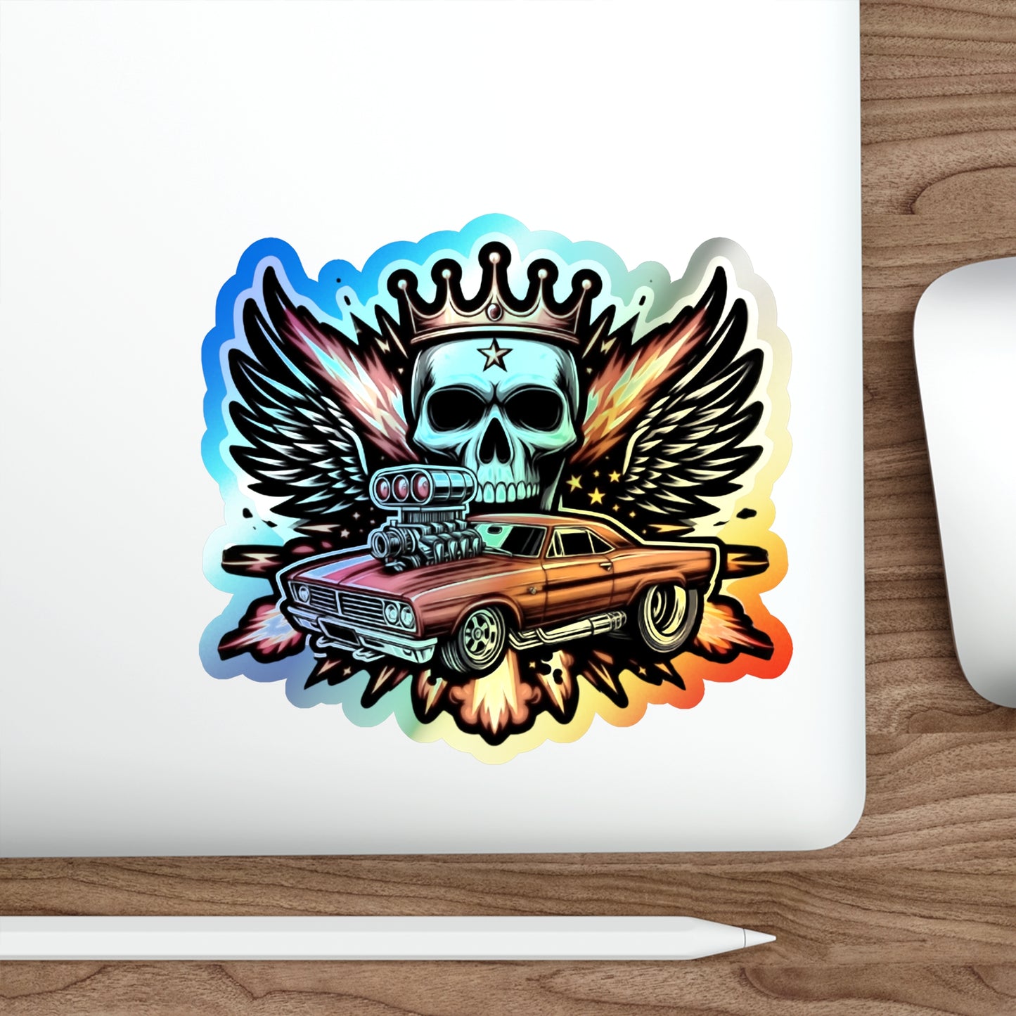 Skull and Muscle Car Holographic Die-cut Stickers Mechanic Sticker