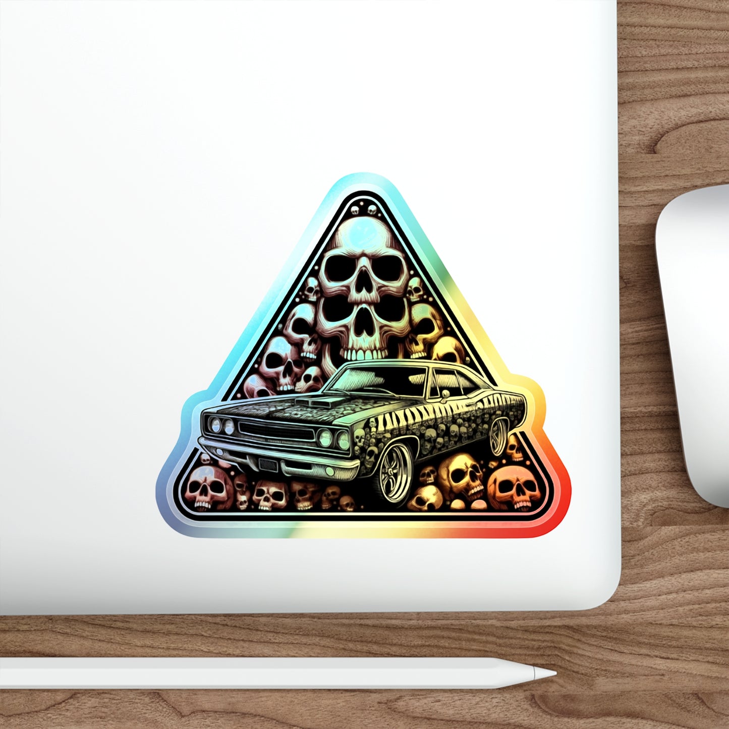 Skulls nad Muscle Car in a Triangle Holographic Die-cut Sticker Design for Car Fans