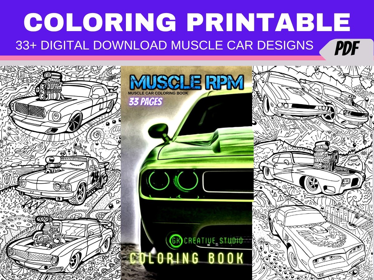 Muscle Car Coloring Pages 33 Detailed Designs Digital Download Printable Adult Coloring Book PDF - Gleznukalns Creative