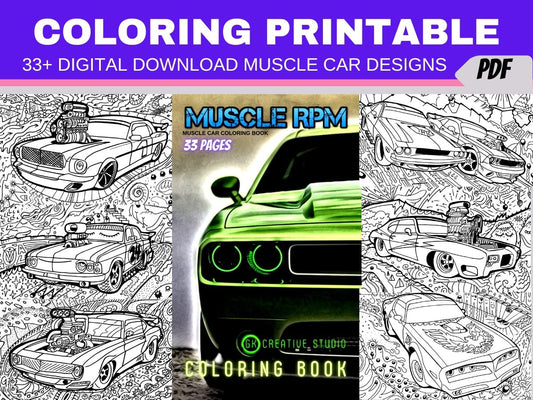 Muscle Car Coloring Pages 33 Detailed Designs Digital Download Printable Adult Coloring Book PDF - Gleznukalns Creative