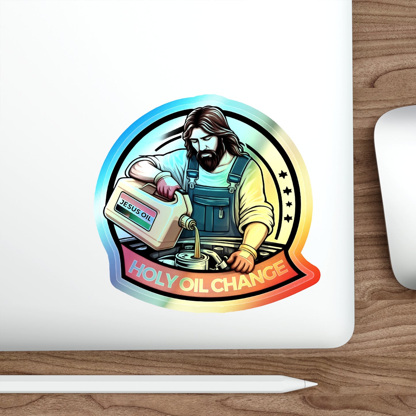 Holographic Die-cut Stickers Jesus Changing Oil, Holy Oil Change, Stickers for Mechanics