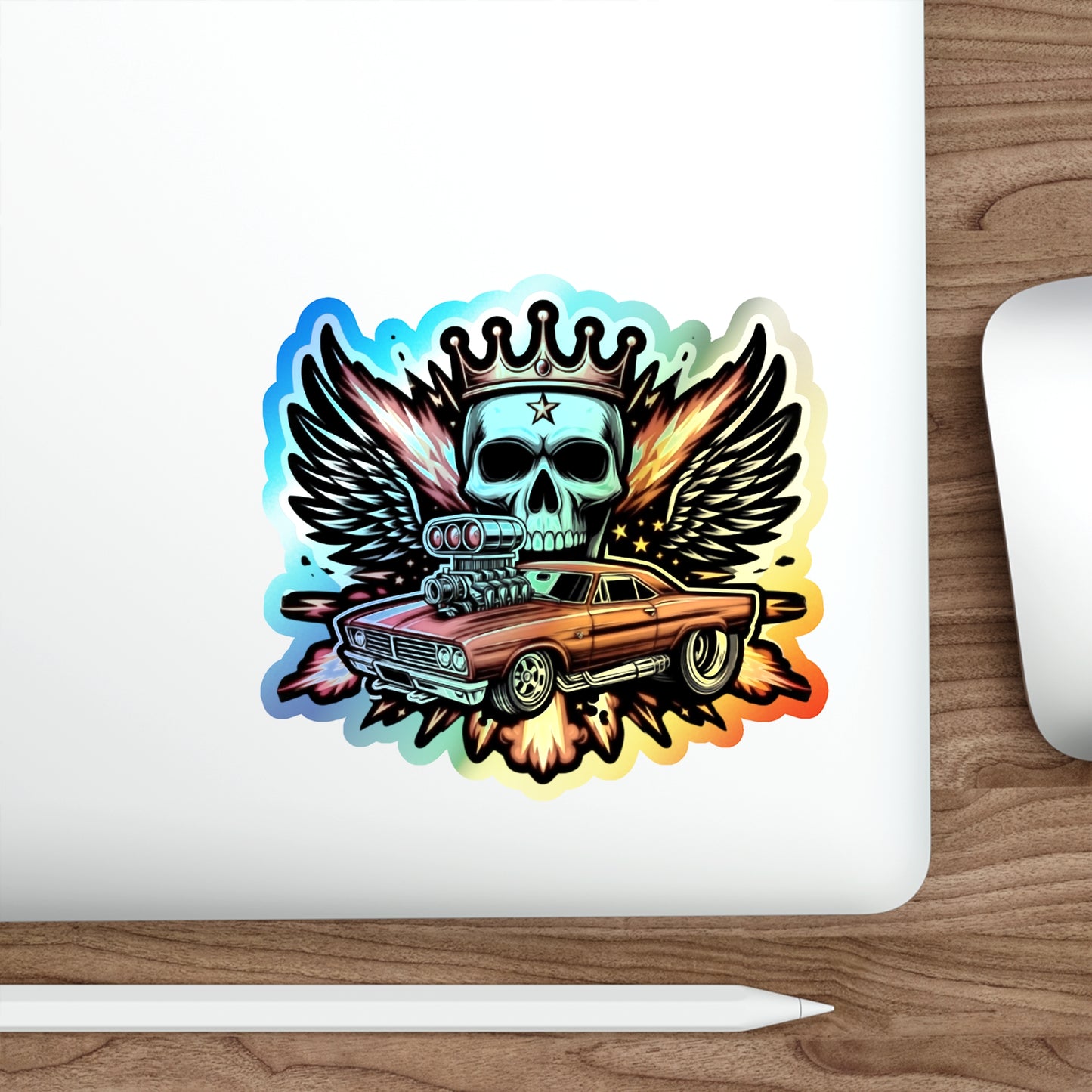 Skull and Muscle Car Holographic Die-cut Stickers Mechanic Sticker