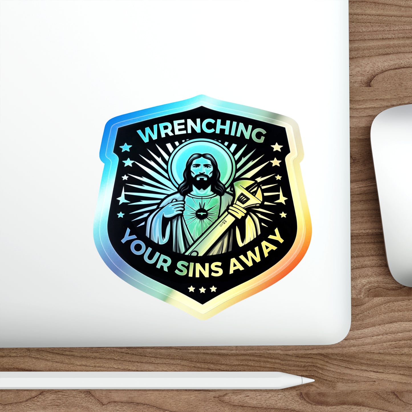 Jesus Wrenching Your Sins Away Holographic Die-cut Stickers for Unbeatable Faith