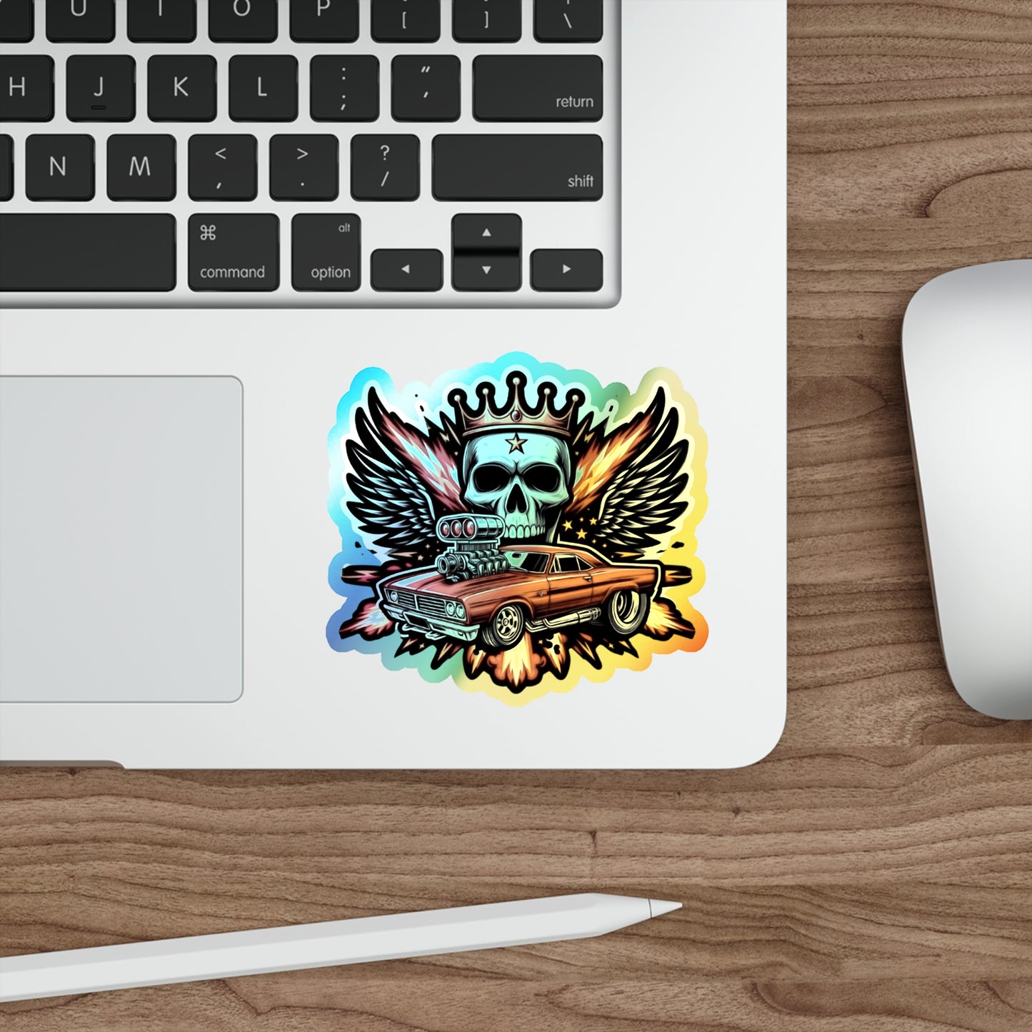 Skull and Muscle Car Holographic Die-cut Stickers Mechanic Sticker