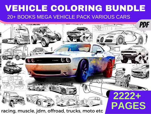 Mega Car Bundle Coloring Pages Vehicle Bundle over 2222+ Designs PDFs - Gleznukalns Creative